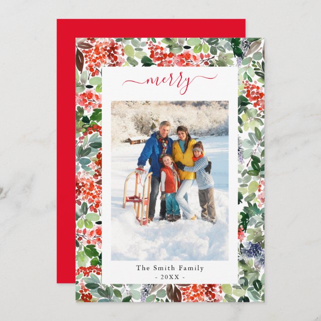 Personalized Script Merry Photo Flat Holiday Card (Front/Back)