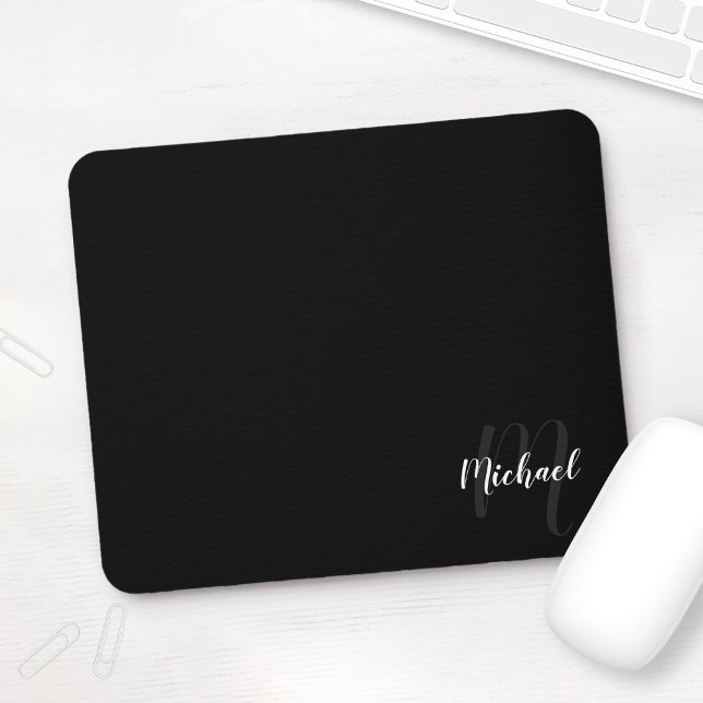 Personalized Script Monogram and Name Black Mouse Pad (Creator Uploaded)