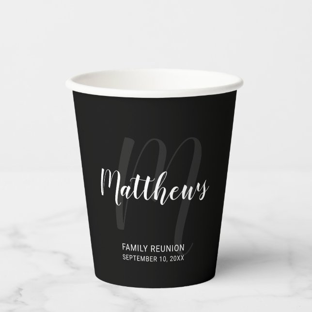 Personalized Script Monogram and Name Black Paper Cups (Front)