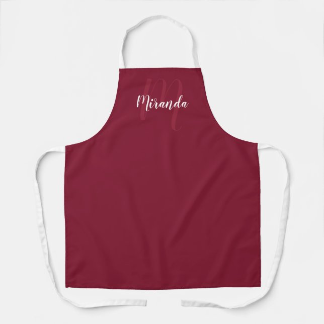 Personalized Script Monogram and Name Burgundy Red Apron (Front)