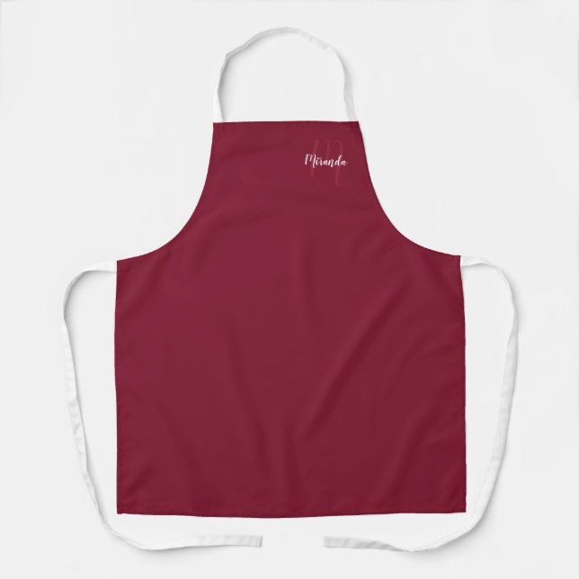 Personalized Script Monogram and Name Burgundy Red Apron (Front)