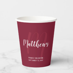 Personalized Script Monogram and Name Burgundy Red Paper Cups
