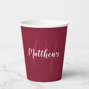 Personalized Script Monogram and Name Burgundy Red Paper Cups