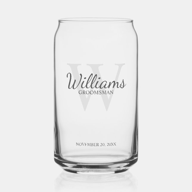 Personalized Script Monogram and Name Groomsmen Can Glass (Front)