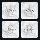 Personalized Script Monogram and Name Groomsmen Coaster Set<br><div class="desc">Add a personal touch to your wedding with personalized groomsmen coaster set. This coaster set features personalized groomsman's name in grey classic script font style with wedding details in grey classic serif font style and monogram in light grey classic serif font style as background, on white marble background. Also perfect...</div>
