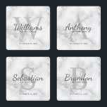 Personalized Script Monogram and Name Groomsmen Coaster Set<br><div class="desc">Add a personal touch to your wedding with personalized groomsmen coaster set. This coaster set features personalized groomsman's name in grey classic script font style with wedding details in grey classic serif font style and monogram in light grey classic serif font style as background, on white marble background. Also perfect...</div>