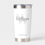 Personalized Script Monogram and Name Groomsmen Insulated Tumbler<br><div class="desc">Add a personal touch to your wedding with personalized groomsmen gift. This design features personalized groomsman's name in grey classic script font style with wedding details in grey classic serif font style and monogram in light grey classic serif font style as background on white background. Also perfect for best man,...</div>