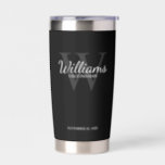 Personalized Script Monogram and Name Groomsmen Insulated Tumbler<br><div class="desc">Add a personal touch to your wedding with personalized groomsmen gift. This design features personalized groomsman's name in white classic script font style with wedding details in white classic serif font style and monogram in light grey classic serif font style as background on black background. Also perfect for best man,...</div>