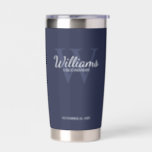 Personalized Script Monogram and Name Groomsmen Insulated Tumbler<br><div class="desc">Add a personal touch to your wedding with personalized groomsmen gift. This design features personalized groomsman's name in white classic script font style with wedding details in white classic serif font style and monogram in light navy blue classic serif font style as background on navy blue background. Also perfect for...</div>