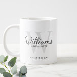 Personalized Script Monogram and Name Groomsmen Large Coffee Mug<br><div class="desc">Add a personal touch to your wedding with personalized groomsmen mug. This mug features personalized groomsman's name in grey classic script font style with wedding details in grey classic serif font style and monogram in light grey classic serif font style as background, on white background. Also perfect for best man,...</div>