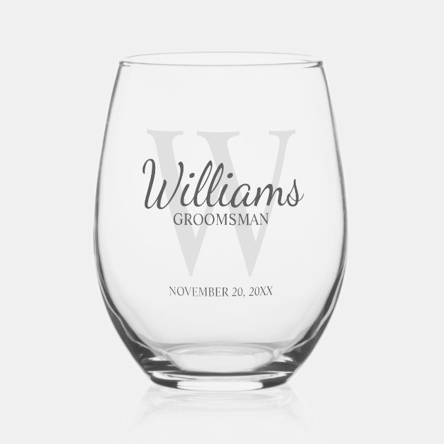 Personalized Script Monogram and Name Groomsmen Stemless Wine Glass (Front)