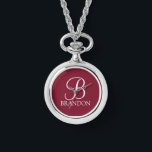 Personalized Script Monogram and Name Keychain Watch<br><div class="desc">Personalized Monogram and Name Gift
features personalized monogram in white classic script font style and name in white classic serif font style on burgundy red background.
Perfect as holiday gifts, family reunion favours and for any special occasions.</div>