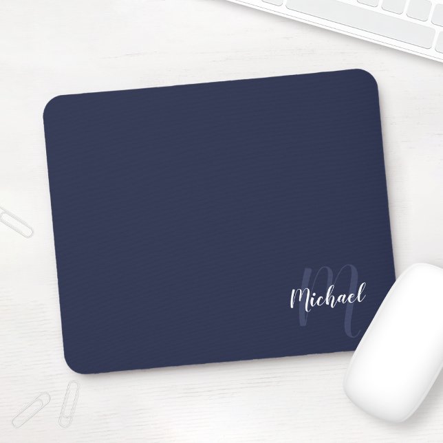 Personalized Script Monogram and Name Navy Blue Mouse Pad (Creator Uploaded)