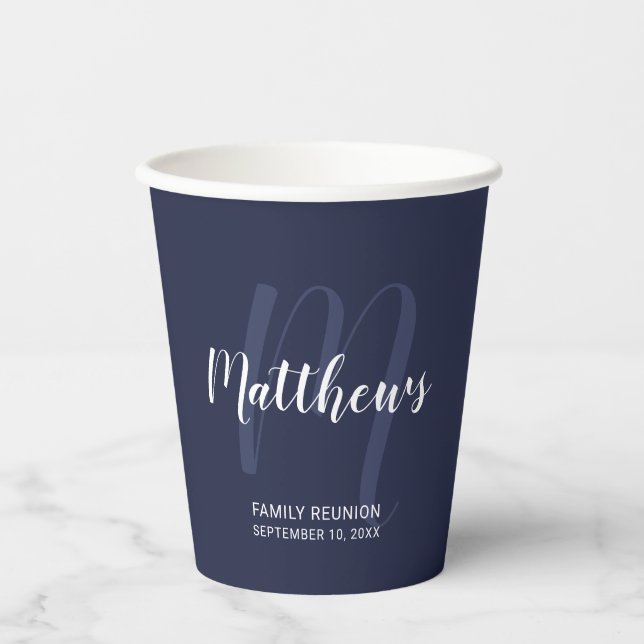 Personalized Script Monogram and Name Navy Blue Paper Cups (Front)