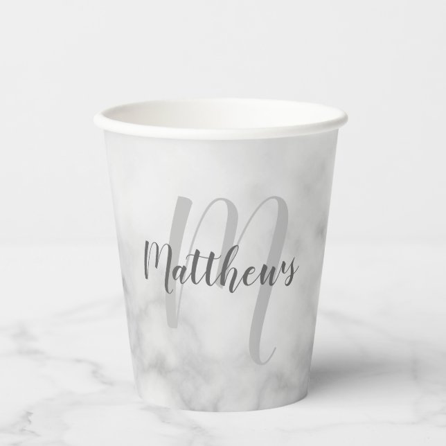 Personalized Script Monogram and Name White Marble Paper Cups (Front)