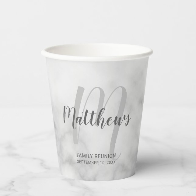 Personalized Script Monogram and Name White Marble Paper Cups (Front)