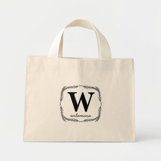 Personalized Script Monogram Initial & Name Wreath Mini Tote Bag (Front)