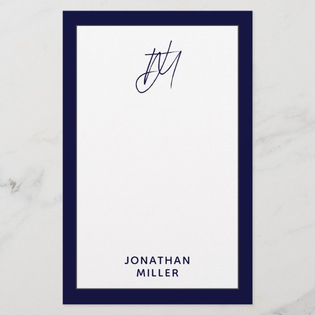 Personalized Script Monogram Navy Blue Stationery (Front)
