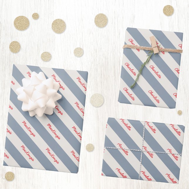 Personalized Script Name Blue Cream Candy Stripe Wrapping Paper Sheet (Personalized script names diagonal stripe blue and cream gift wrapping paper for unique celebrations)