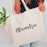 Personalized Script Name Bridesmaid Large Tote Bag<br><div class="desc">Gift a personalized tote to each member of your bridal party to carry their wedding day essentials! Simple design features each bridesmaid's name in black cursive script lettering.</div>