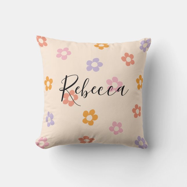 Personalized Script Name Coloured Daisy Pattern Throw Pillow (Front)