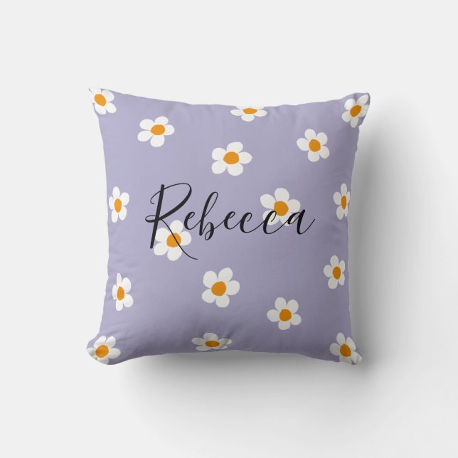 Personalized Script Name Daisy Pattern Cute Purple Throw Pillow (Front)
