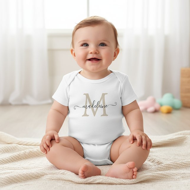 Personalized Script Name Monogram Beige Baby Bodysuit (Creator Uploaded)