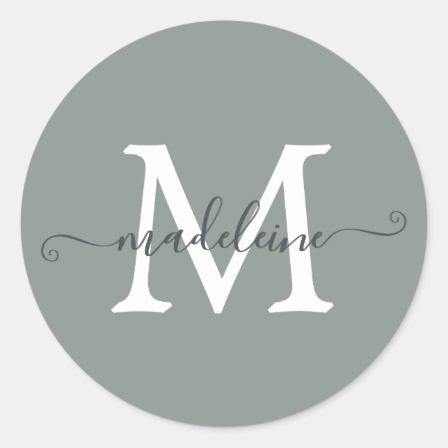 Personalized Script Name Monogram Dusty Green Classic Round Sticker (Front)