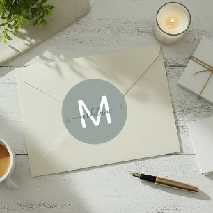 Personalized Script Name Monogram Dusty Green Classic Round Sticker