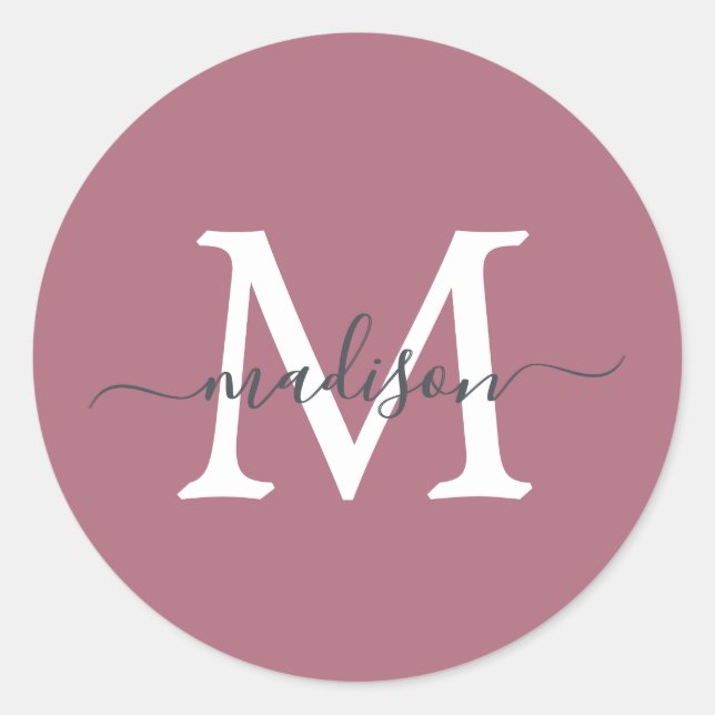 Personalized Script Name Monogram Dusty Rose Classic Round Sticker (Front)