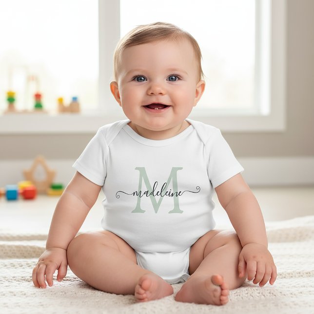Personalized Script Name Monogram Soft Green Baby Bodysuit (Creator Uploaded)