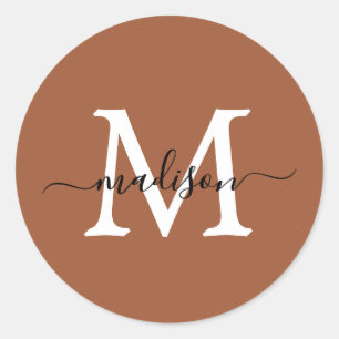 Personalized Script Name Monogram Terracotta Classic Round Sticker