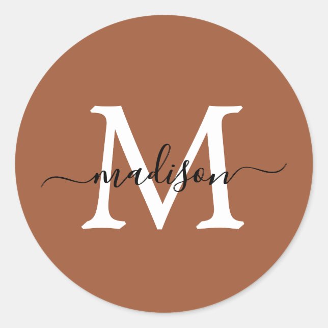 Personalized Script Name Monogram Terracotta Classic Round Sticker (Front)
