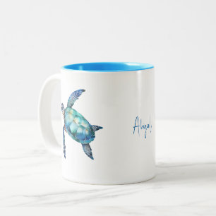 Personalized Script Name Turquoise Sea Turtle  Two-Tone Coffee Mug