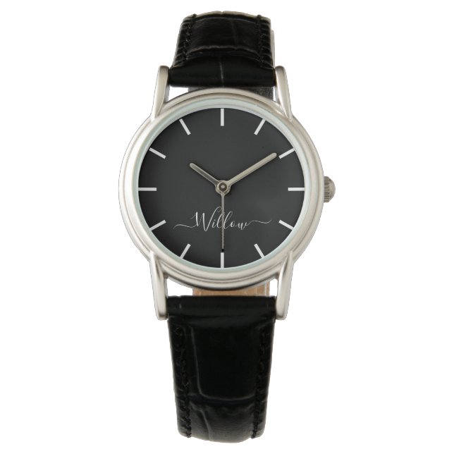 Personalized Script Signature Black Leather watch (Front)