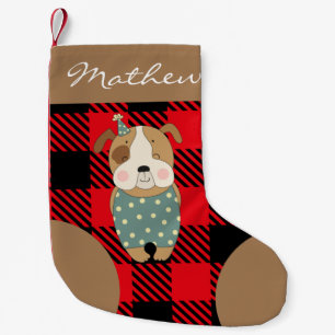 Personalized script Trendy buffalo plaid red brown Small Christmas Stocking