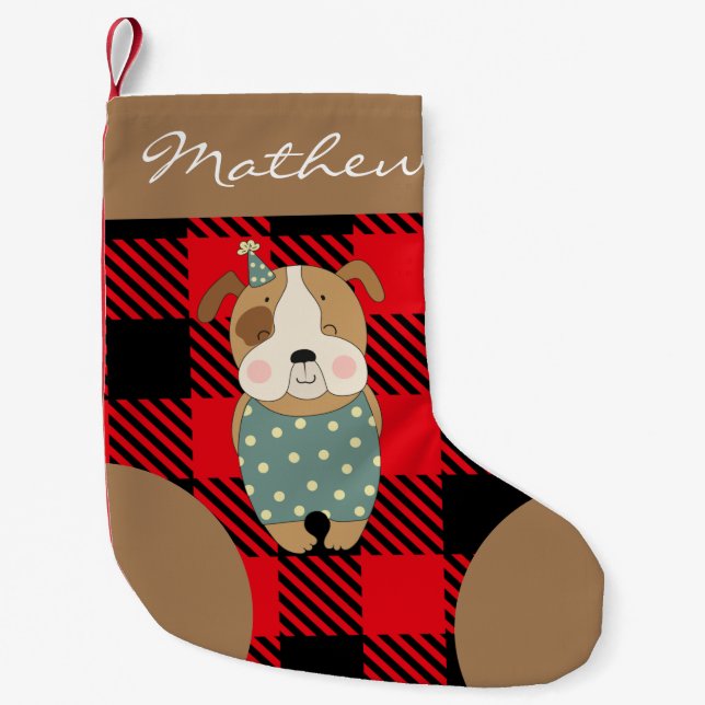 Personalized script Trendy buffalo plaid red brown Small Christmas Stocking (Front)