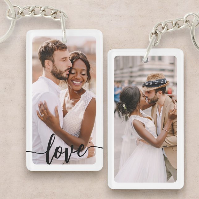Personalized Script Two Photo Text Double Sided Keychain (Creator Uploaded)