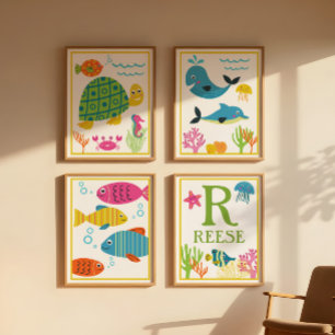 Personalized Sea Creatures Kids' Art Print Set