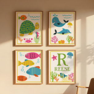 Personalized Sea Creatures Kids' Art Print Set