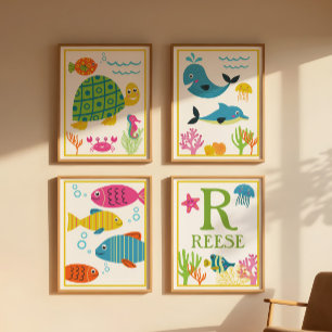 Personalized Sea Creatures Kids' Art Print Set
