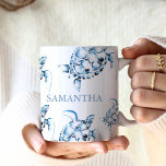 Personalized Sea Turtle Beach Theme Coffee Mug<br><div class="desc">Bring beachy vibes to your everyday routine with this personalized sea turtle gift, featuring a stunning blue watercolor sea creature design. Inspired by the coastal lifestyle, this custom mug showcases a replica of my original hand-painted maritime sea turtle artwork, set against a serene beach theme backdrop. Your name is elegantly...</div>