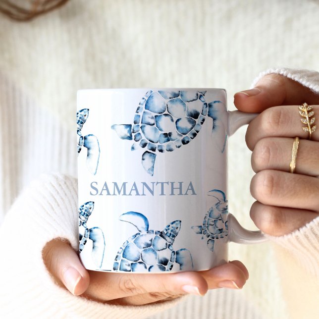 Personalized Sea Turtle Beach Theme Coffee Mug (coffee mug personalized beach sea turtle blue)