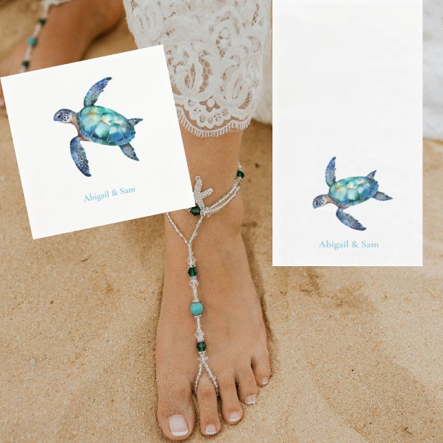 Personalized Sea Turtle Beach Wedding Cocktail Napkin (Creator Uploaded)