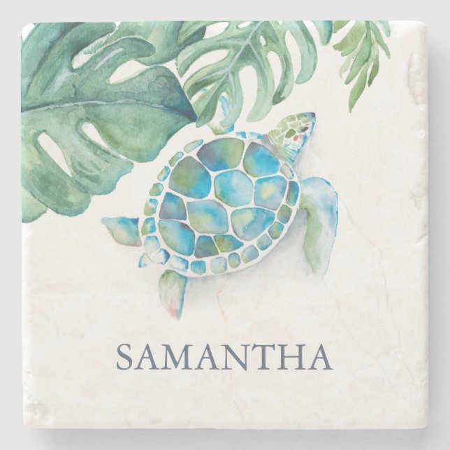 Personalized Sea Turtle Tropical Stone Coaster (Front)