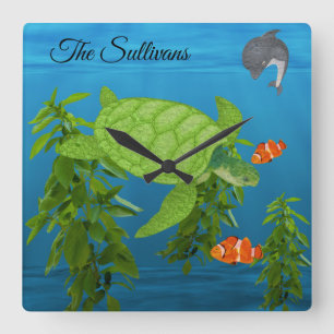 Personalized Sea Turtle Under The Sea Square Wall Clock