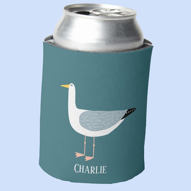 Personalized Seagull Fun Can Cooler (Personalized name seagull teal green can cooler)