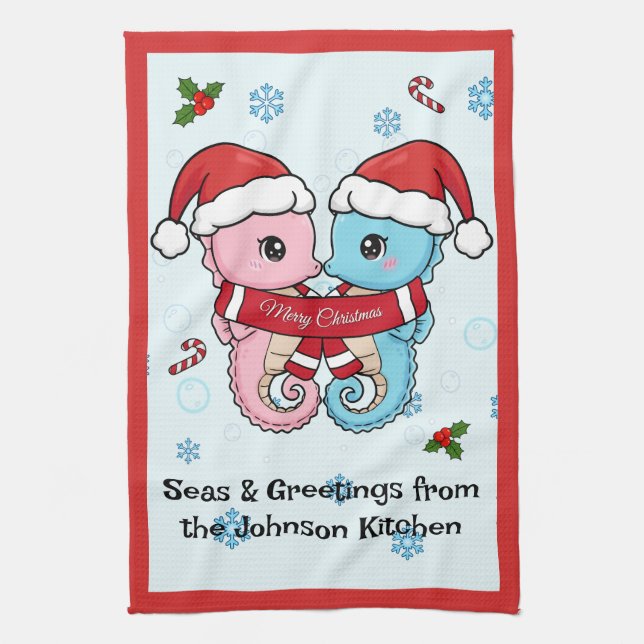 Personalized Seahorse Christmas Kitchen Towel (Vertical)