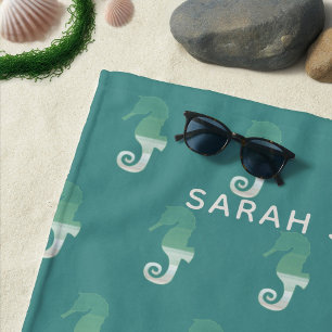 Personalized Seahorse Pattern Teal Beach Towel