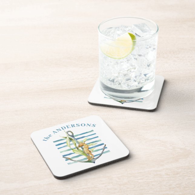 Personalized Seahorse with Anchor Coastal Theme Coaster (Right Side)